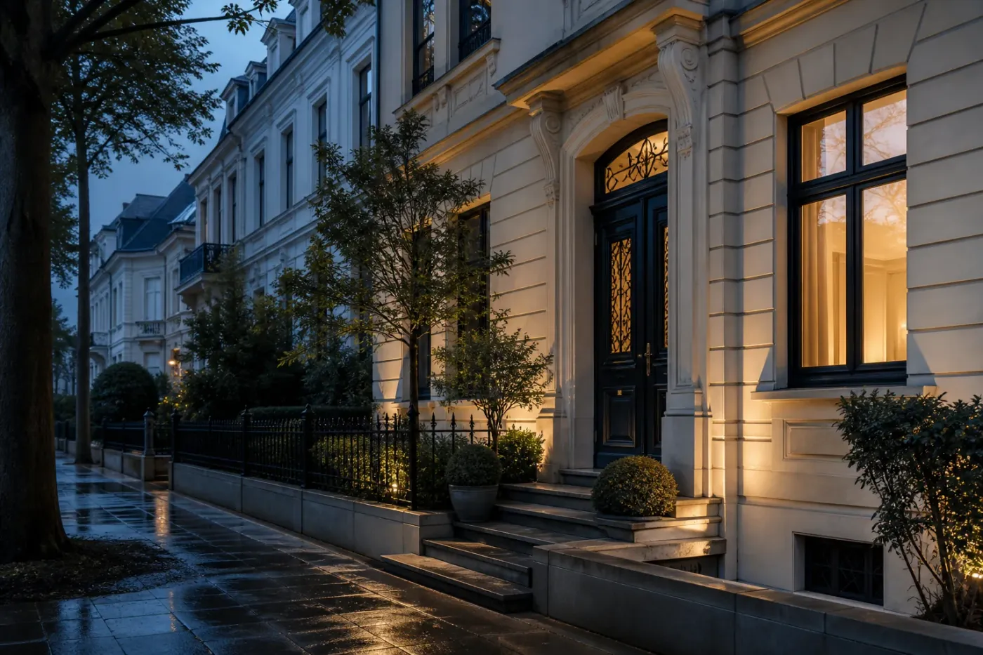 Elegantes Stadthaus in Düsseldorf-Oberkassel am frühen Abend